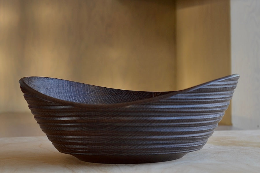 Circle Factory Brown Bowl in Black Oak with ridged detail. Made and designed by George Peterson. 