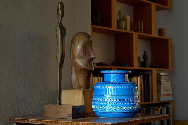 Rimini Blu Rochetto Vase is a ZZ999 Current production of the "Rimini Blu" series. Designed between 1955 and 1965 by by Aldo Londi. This vase is hand made in Italy and one of a kind, made in ceramic earthenware and with a blue glaze.