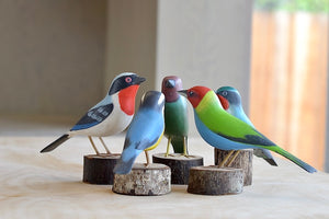Five wood and colorful birds from Brazil. Handmade and fair trade.