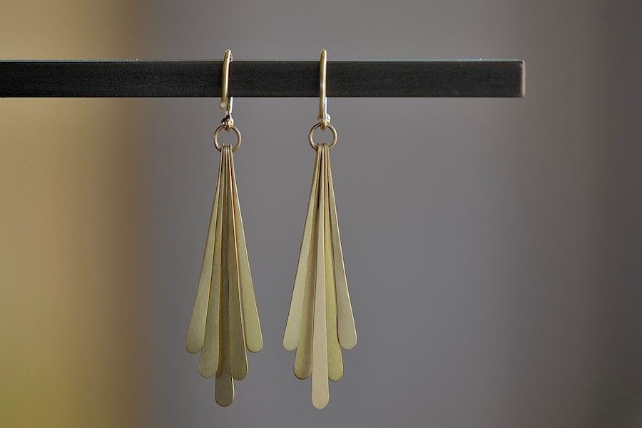 Carla Caruso Five Fringe Drop earrings in 14k yellow satin matte gold. Everyday Elegance.