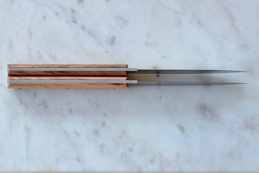 Bottom view of of 9.47 Steak Knife with Olive Wood Handle by Perceval.