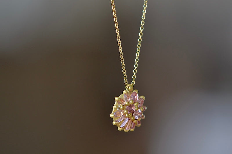 Polly Wales Lotus Pendant Necklace Pink Sapphires 18k yellow recycled gold chain.