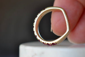 Side view of Euro Wedding band ring in ruby by Elizabeth street Jewelry.