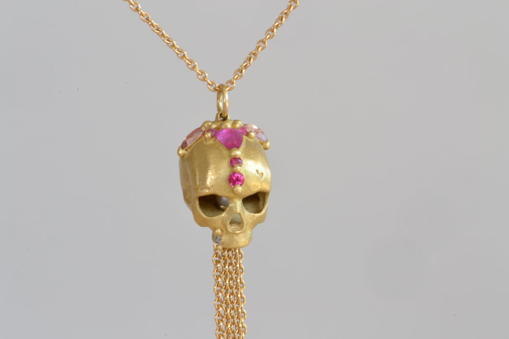 Polly Wales Forbidden Skull Necklace 18k yellow recycled gold pink fuchsia sapphires long chain necklace pendant enchanted.