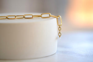 Lizzie Mandler Knife Edge Oval Link Chain Bracelet in 18k yellow gold with 20 clips at 7mm and toggle closure. 