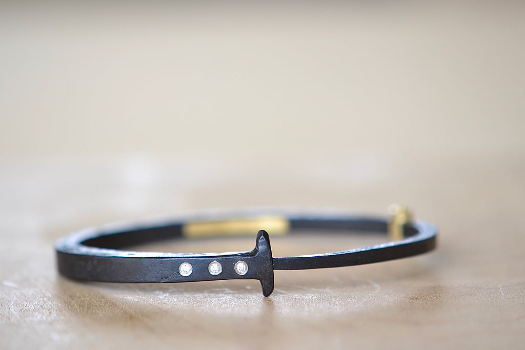Pat Flynn Three stone Nail Bracelet Forged Blackened iron Diamonds, 18k gold hinge