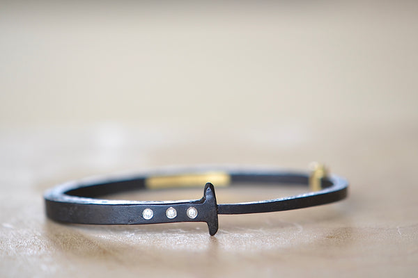 Pat Flynn Three stone Nail Bracelet Forged Blackened iron Diamonds, 18k gold hinge