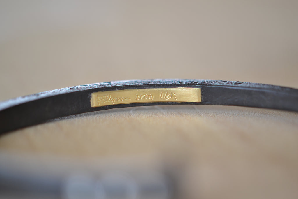 Pat Flynn Three stone Nail Bracelet Forged Blackened iron Diamonds, 18k gold hinge