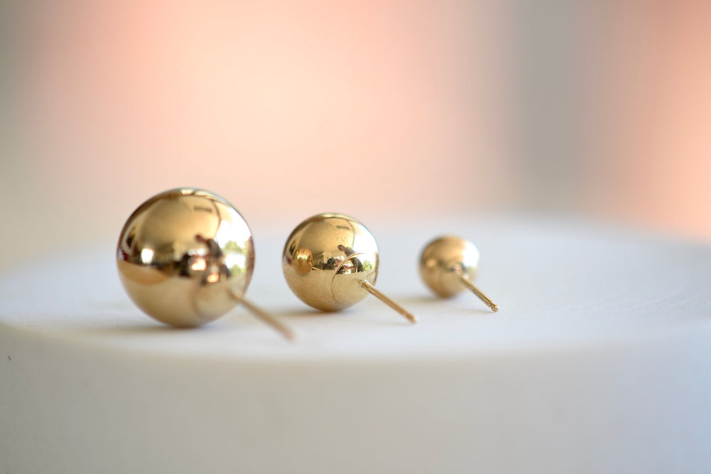 Kathleen Whitaker Sphere Stud Earring s small, medium, large 14k yellow gold hollow round