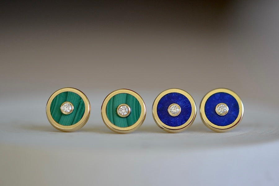Retrouvai Stud Earrings stone inlay accent diamond 14k yellow gold bezel  studs Blue Lapis and Green Malachite.