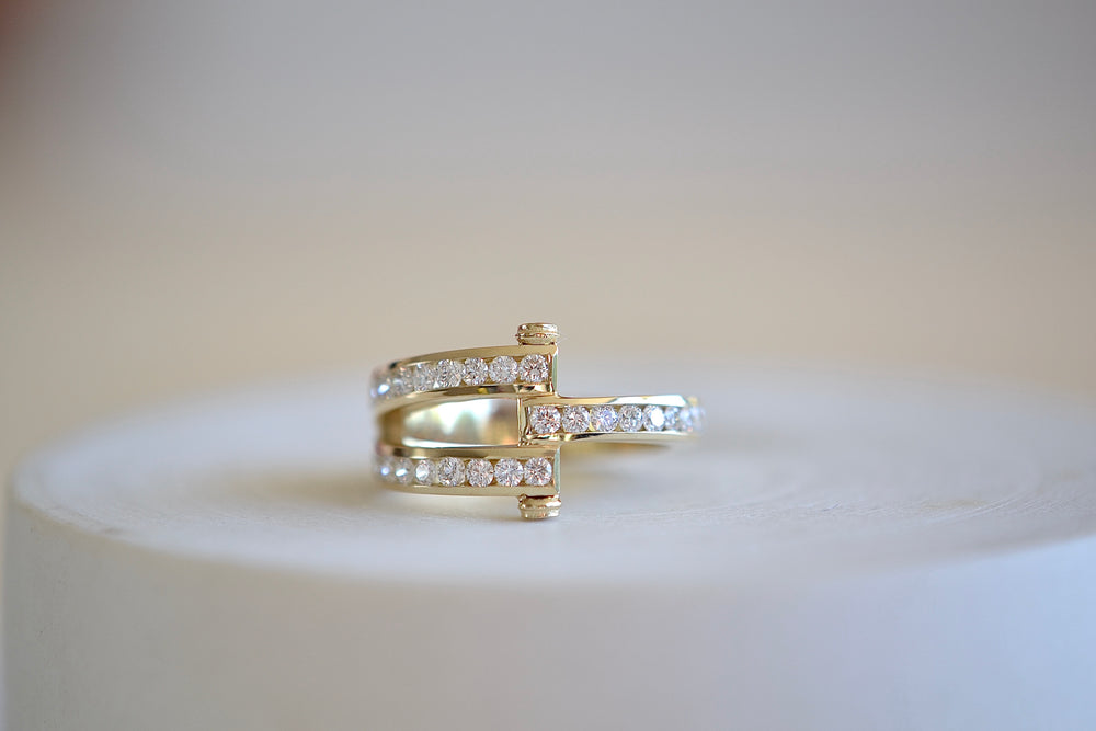 Retrouvai Magna round diamond channel set Pave engagement band ring 14k yellow gold bezel  .58ct white diamond
