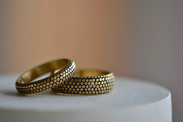 Marian Maurer Dot Dotted Wedding Band various widths 18k yellow gold dots on black background 4.3mm and 6.25mm band and satin finish.