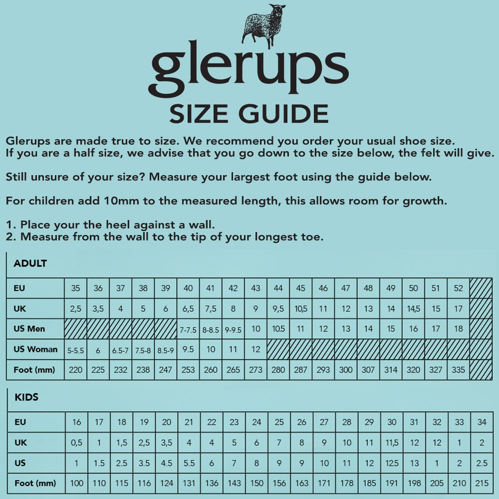 Size chart for Glerups slippers.