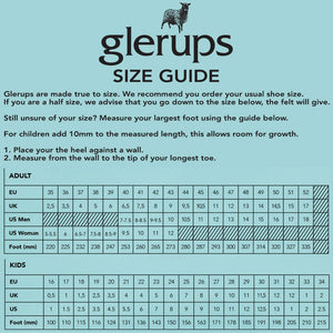 Size chart for Glerups slippers.