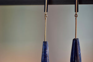Kyanite on Stick and Strand Earrings by Kathleen Whitaker are One of a kind kyanite stones with natural inclusions that are drilled and prism shaped and attached to Kathleen Whitaker's signature stick and strand with post closure. Stone collection.