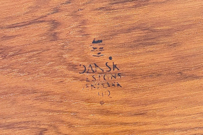 Stamp detail on Vintage Dansk Staved Teak Ice Bucket By Jense Quistgaard.