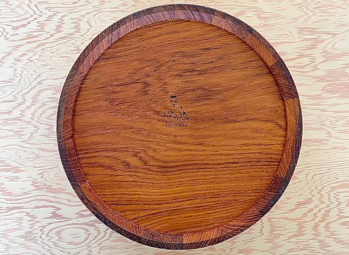 Exterior bottom of ice bucket Vintage Dansk Staved Teak Ice Bucket By Jense Quistgaard.