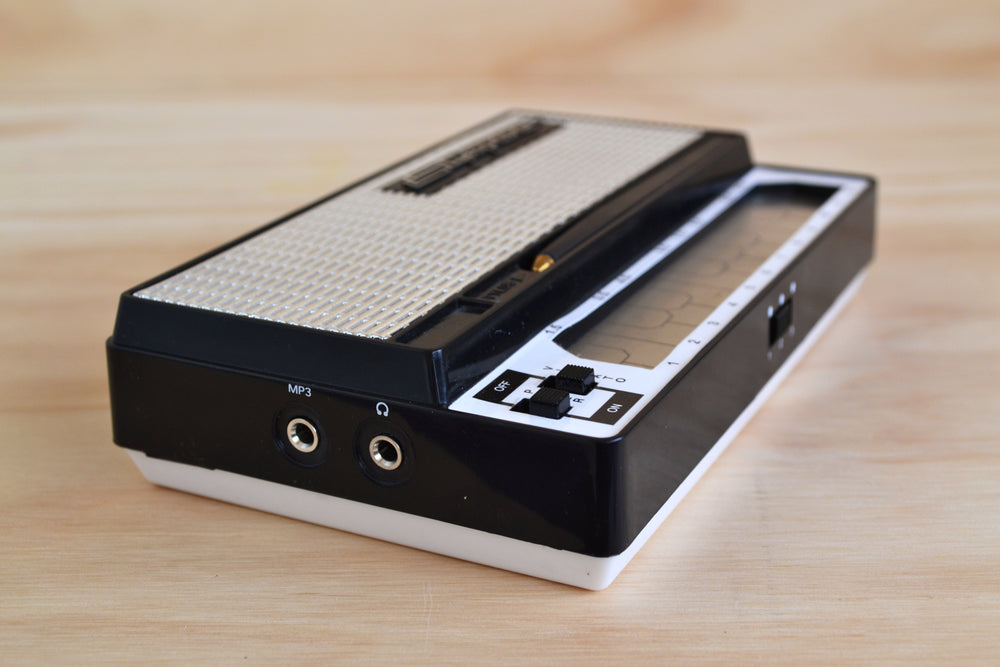 Stylophone Miniature Synthesizer side view.